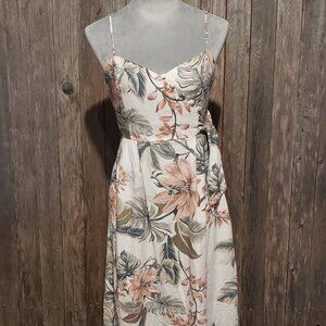 MNG Mango Size 2 Women's Midi Sun Dress Cream Floral Tie Side Linen Blend  Linen